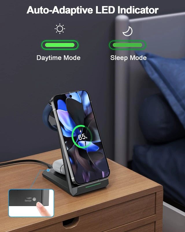 Alt view image 5 of 7 - NANAMI 3 in 1 Wireless Charging Station Charger Dock for Google Devices | Fast Charger Stand Dock for Pixel 9/9 Pro XL/Fold, Buds Pro 2/Pro, Watch 3/2, Fitbit Versa 4/Sense 2(Not for Pixel Watch 1/4)