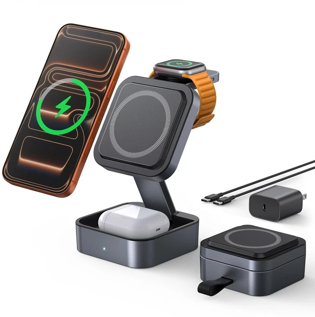 Main image of Aoara 3-in-1 Charging Station for iPhone, MagSafe Charger Stand for Apple | Foldable, Compact, Travel Wireless Magnetic Charger, for iPhone 17/16/15/14, Apple Watch, AirPods Pro/4