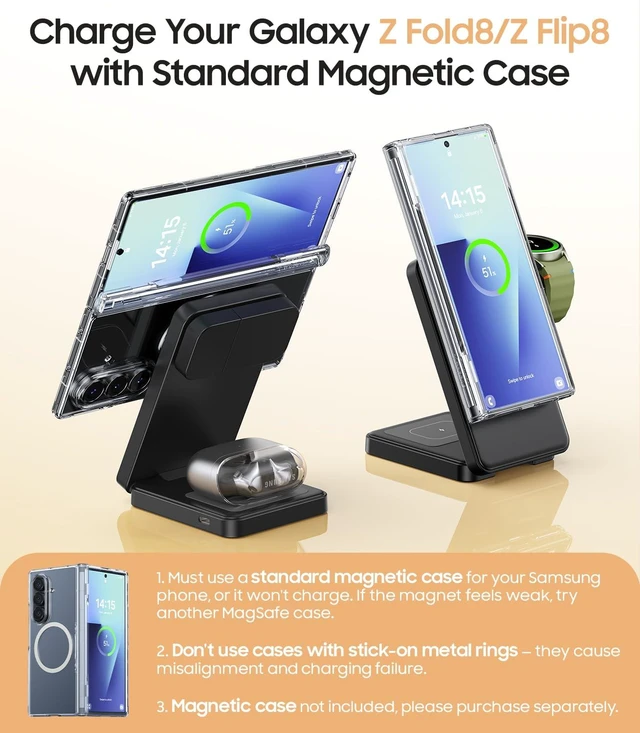 Alt view image 5 of 7 - Meifigno 3 in 1 Magnetic Foldable Wireless Charger for Galaxy Watch9/Ultra2 | 15W Wireless Charging for S26 Ultra/Z Fold8/Z Flip8, Charging Station Design for MagSafe