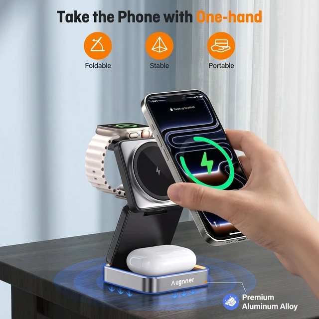 Alt view image 3 of 7 - Augnner 3 in 1 Wireless Charging Station for Apple Devices, 15W Foldable Travel Magnetic Charger Stand for Magsafe with Light, for iPhone 18/17/16/15/14/13/12, Apple Watch & AirPods20W Adapter