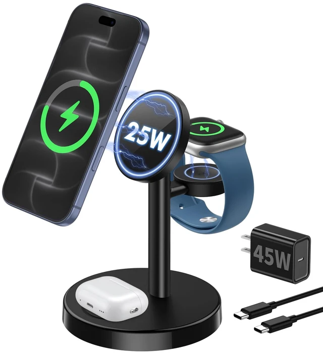 Main image of Aeinidi 25W 3 in 1 Wireless Fast Charging Station for Apple MagSafe Charger | Strong Magnetic Cool Charging Stand for iPhone 18 Pro Max Duo 17 16 15 14 13 12, Apple Watch & AirPods