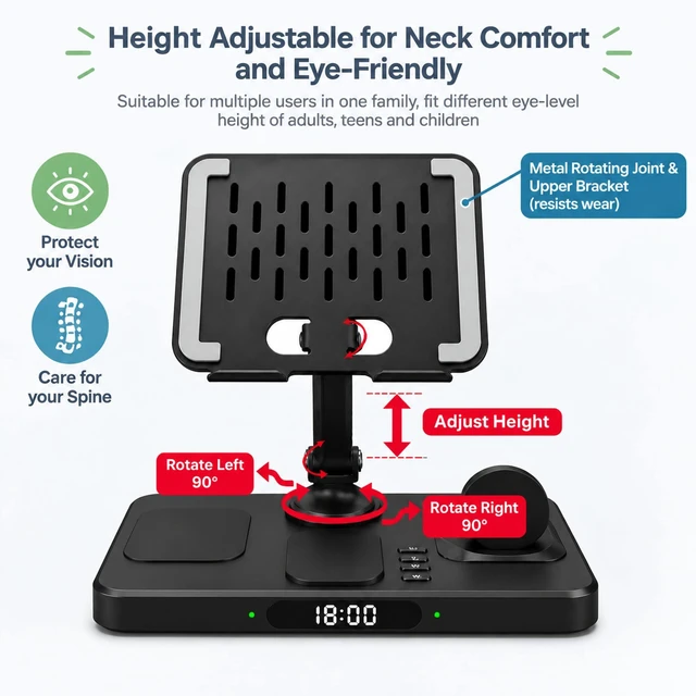 Alt view image 2 of 7 - Wireless Charging Station for Apple Devices, Only for Apple Watch Charging | 180° LeftRight Rotation,HeightAdjustable for Neck Comfort, Metal Rotating Joint&Upper Bracket