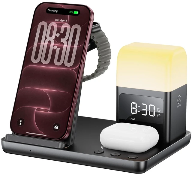 Main image of 6 in 1 Wireless Charging Station for Multiple Devices, Wireless Charger for iPhone 18-12 & Samsung, Apple Watch/AirPods, Charging Station with Alarm Clock, Light Charger Stand for Nightstand, Gifts