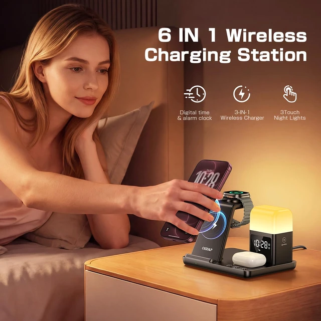 Alt view image 2 of 7 - 6 in 1 Wireless Charging Station for Multiple Devices, Wireless Charger for iPhone 18-12 & Samsung, Apple Watch/AirPods, Charging Station with Alarm Clock, Light Charger Stand for Nightstand, Gifts
