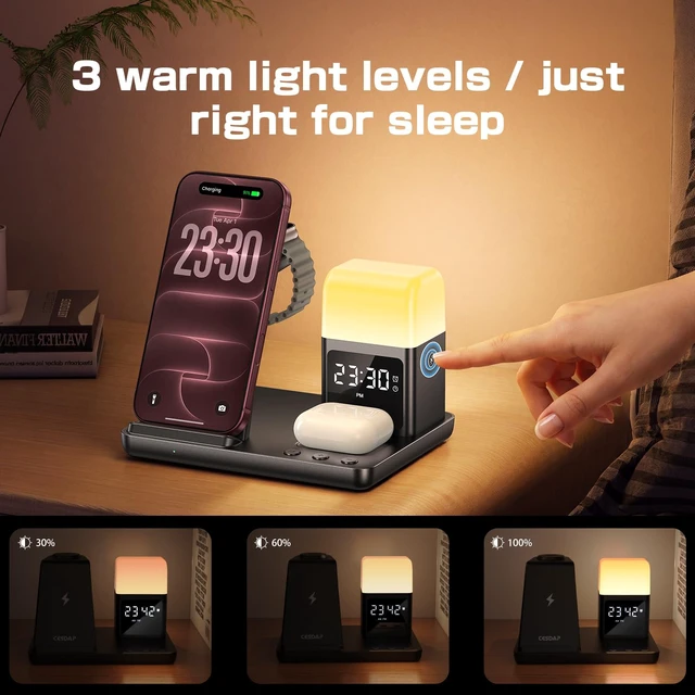 Alt view image 3 of 7 - 6 in 1 Wireless Charging Station for Multiple Devices, Wireless Charger for iPhone 18-12 & Samsung, Apple Watch/AirPods, Charging Station with Alarm Clock, Light Charger Stand for Nightstand, Gifts