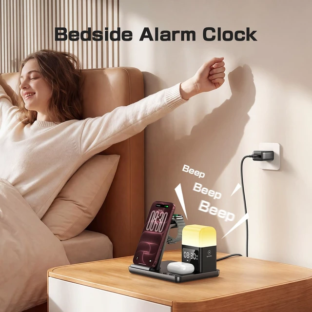 Alt view image 4 of 7 - 6 in 1 Wireless Charging Station for Multiple Devices, Wireless Charger for iPhone 18-12 & Samsung, Apple Watch/AirPods, Charging Station with Alarm Clock, Light Charger Stand for Nightstand, Gifts