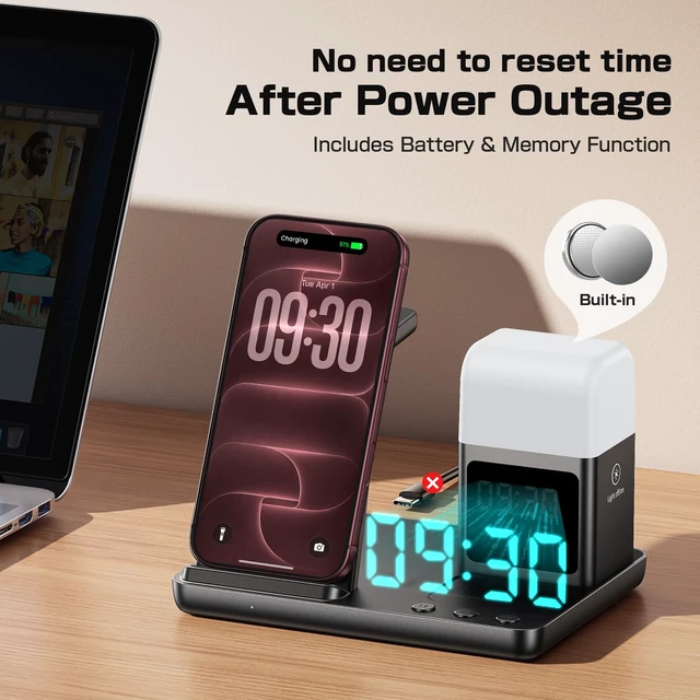 Alt view image 5 of 7 - 6 in 1 Wireless Charging Station for Multiple Devices, Wireless Charger for iPhone 18-12 & Samsung, Apple Watch/AirPods, Charging Station with Alarm Clock, Light Charger Stand for Nightstand, Gifts