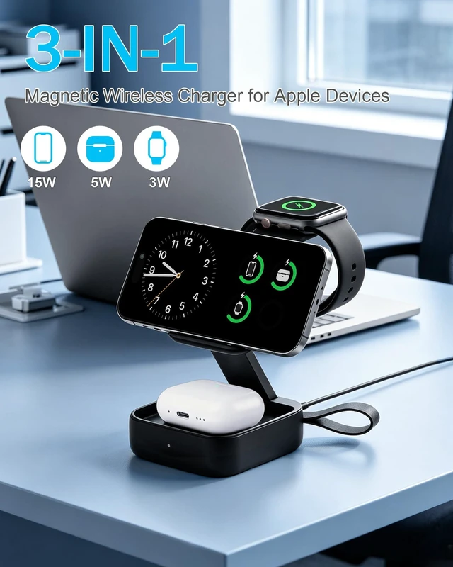 Alt view image 3 of 7 - Yixea 3 in 1 Charging Station for Apple Devices, Wireless Charger Stand | Foldable Magnetic Fast Wireless Charging Station for MagSafe iPhone 18 17 16 15 14 13 12 Series, Apple Watch & AirPods