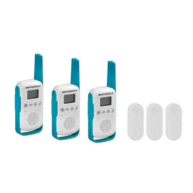 Alt view image 3 of 3 - Motorola Solutions, Portable FRS, T114TP, Talkabout, Two-Way Radios, Battery Operated, 22 Channel, 16 Mile, White/Blue, 3 Pack