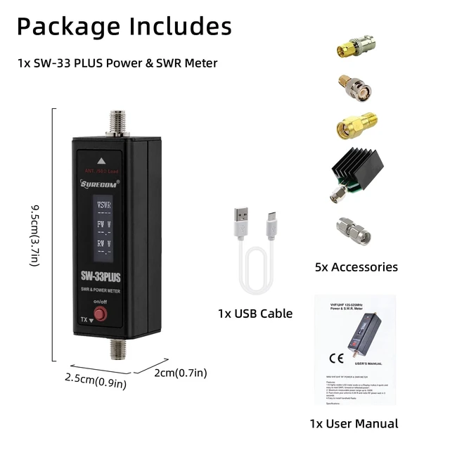 Alt view image 7 of 7 - Mcbazel Surecom SW-33 Plus 100W 125-525 MHz Mini Digital VHF UHF Two-Way Radio Handheld Power & SWR Meter Black
