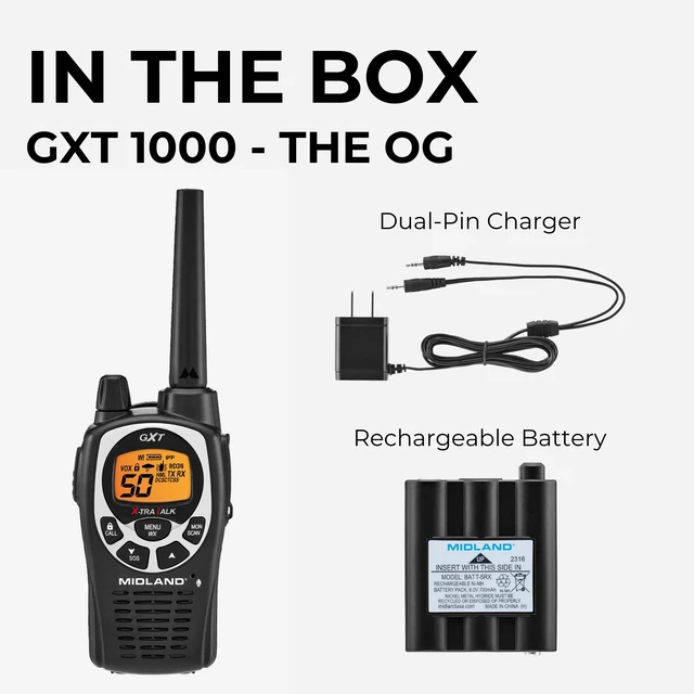 Alt view image 6 of 6 - Midland GXT1000AZ, GMRS Two Way Radio, Black, Single Pack | 50 Channels, 142 Privacy Codes, Up to 36 Mile Long Range, JIS4 Water Resistant, NOAA Weather Alert, Rechargeable NiMH