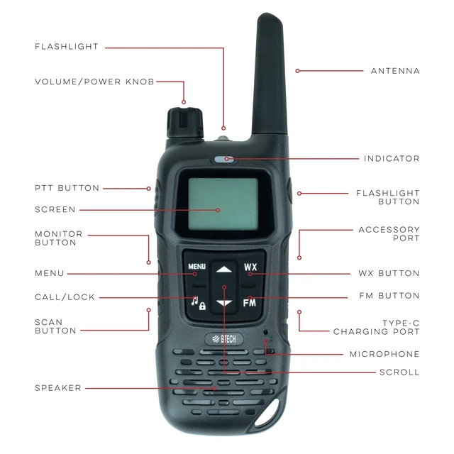 Alt view image 4 of 7 - BTECH FRS-A1 2-Pack Walkie Talkies for Adults, License-Free FRS Two-Way Radios with USB-C Charging, NOAA Weather, Dual Watch, Named Channels, Tone Scan, IP54 (Black)