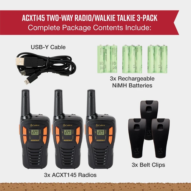 Alt view image 6 of 6 - Cobra ACXT145-3 Compact Walkie Talkies, Rechargeable, Lightweight, Black | 22 Channels, Long Range 16-Mile Two-Way Radio Set (3-Pack)