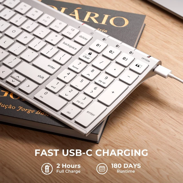 Alt view image 7 of 7 - iClever BK10 SE Bluetooth Keyboard for Mac, Slim Full-Size Keyboard, Silver | 3-Device Bluetooth Switching, Ultra-Slim, Quiet Typing, Numeric Keypad, Rechargeable