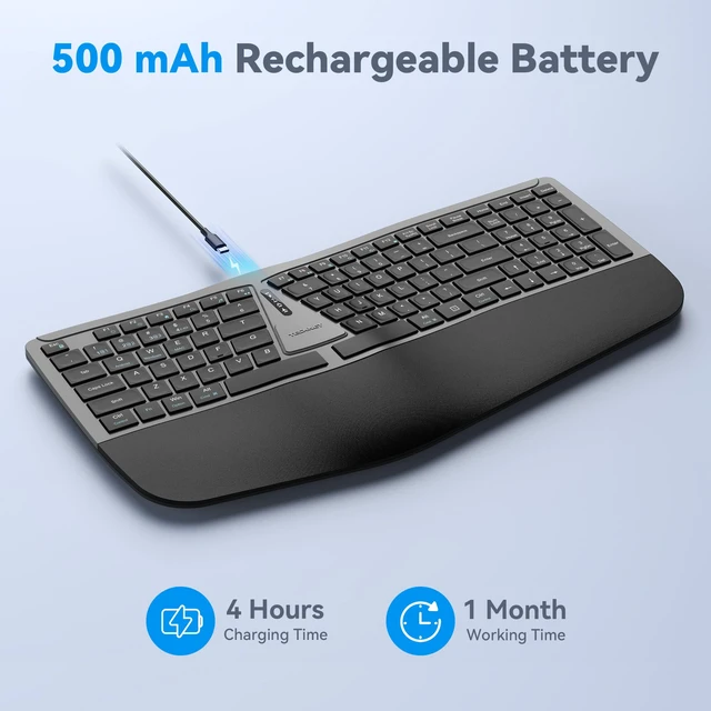 Alt view image 3 of 7 - TECKNET Wireless Ergonomic Keyboard Rechargeable, 2.4G+Bluetooth Ergo Cordless USB Computer Keyboard, Wrist Rest, Natural Typing, Stain-Resistant Fabric, Compatible For Windows Computer Desktop Laptop