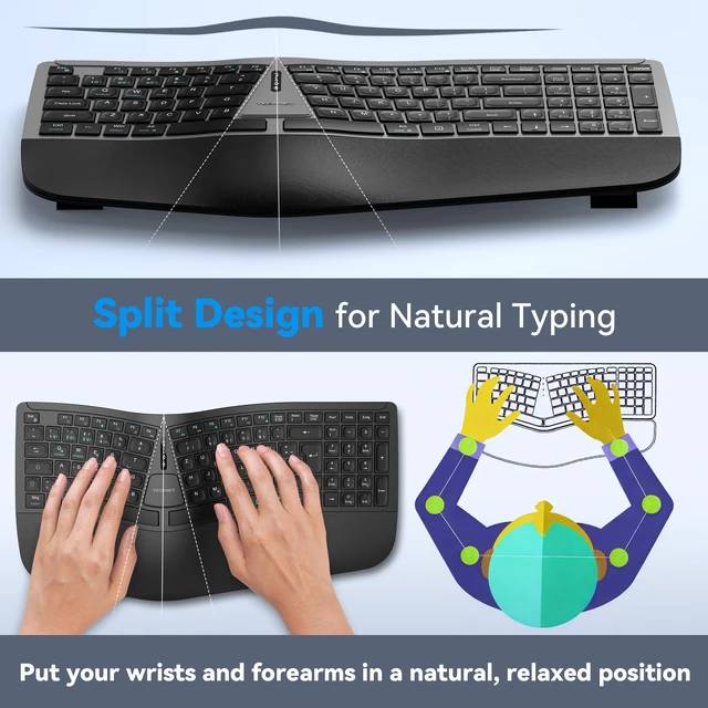 Alt view image 2 of 7 - TECKNET Wireless Ergonomic Keyboard Rechargeable, 2.4G+Bluetooth Ergo Cordless USB Computer Keyboard, Wrist Rest, Natural Typing, Stain-Resistant Fabric, Compatible For Windows Computer Desktop Laptop
