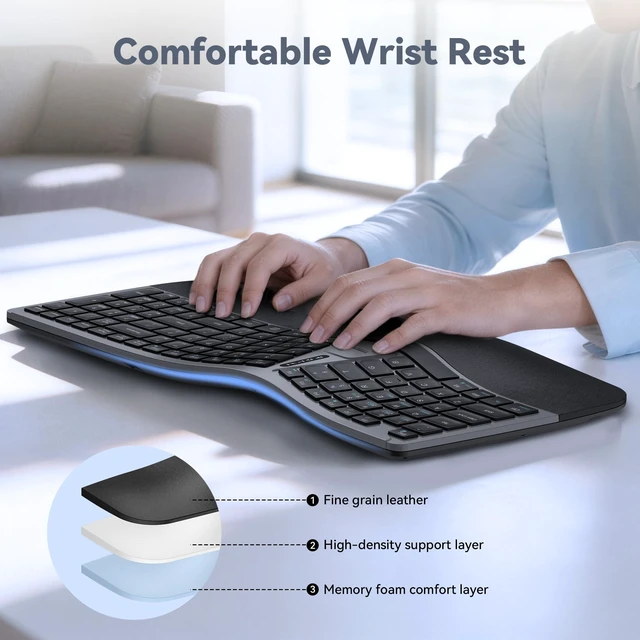 Alt view image 4 of 7 - TECKNET Wireless Ergonomic Keyboard Rechargeable, 2.4G+Bluetooth Ergo Cordless USB Computer Keyboard, Wrist Rest, Natural Typing, Stain-Resistant Fabric, Compatible For Windows Computer Desktop Laptop