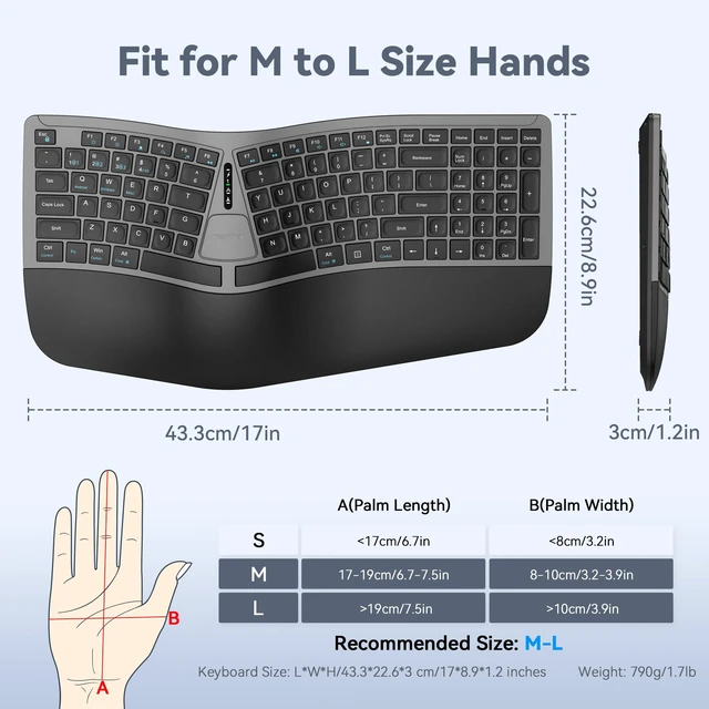 Alt view image 7 of 7 - TECKNET Wireless Ergonomic Keyboard Rechargeable, 2.4G+Bluetooth Ergo Cordless USB Computer Keyboard, Wrist Rest, Natural Typing, Stain-Resistant Fabric, Compatible For Windows Computer Desktop Laptop