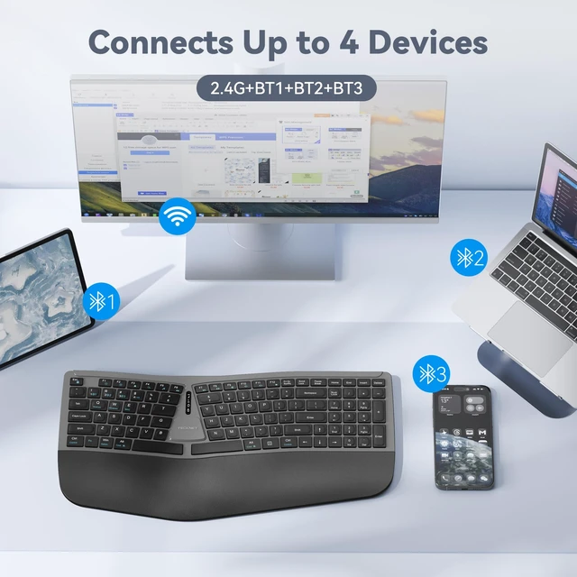 Alt view image 6 of 7 - TECKNET Wireless Ergonomic Keyboard Rechargeable, 2.4G+Bluetooth Ergo Cordless USB Computer Keyboard, Wrist Rest, Natural Typing, Stain-Resistant Fabric, Compatible For Windows Computer Desktop Laptop