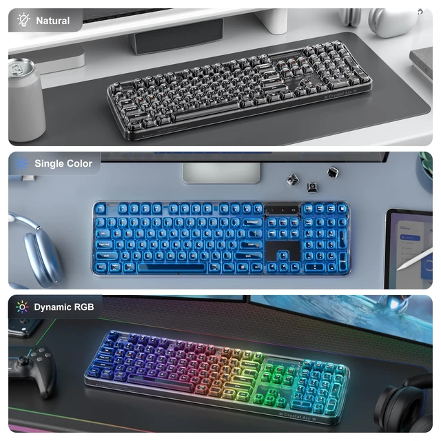 Alt view image 3 of 7 - MOFII Clear Curved Ergonomic Wireless Keyboard, Tri-Mode BT5.0/2.4G/USB-C | RGB Backlit, Rechargeable, Full-Size Computer Keyboards for Laptop/PC/Desktop/iPad/Smartphone/Smart TV, Black