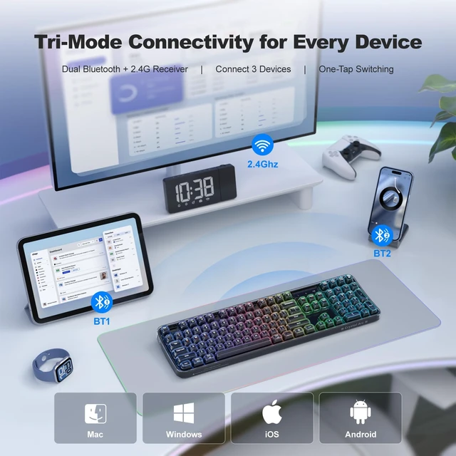 Alt view image 4 of 7 - MOFII Clear Curved Ergonomic Wireless Keyboard, Tri-Mode BT5.0/2.4G/USB-C | RGB Backlit, Rechargeable, Full-Size Computer Keyboards for Laptop/PC/Desktop/iPad/Smartphone/Smart TV, Black