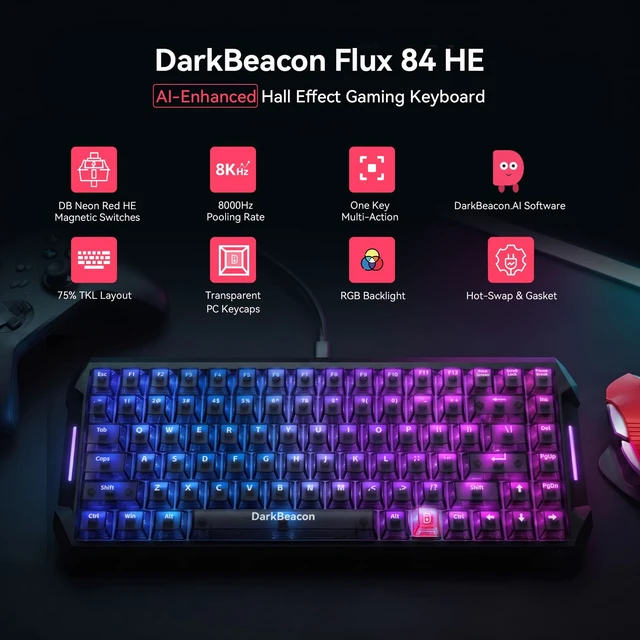 Alt view image 2 of 7 - DarkBeacon Flux84 HE Hall Effect Gaming Keyboard, Rapid Trigger, Adjustable Actuation 0.01-3.5 mm, Magnetic Switch, 8000Hz Polling, RGB Backlit, 85% Wired Mechanical Keyboard for PC Laptop Gamer