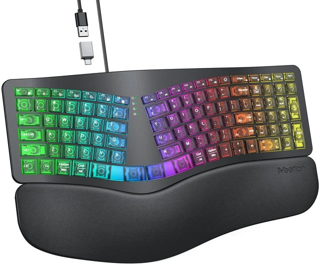 Main image of MEETION Wired Ergonomic Keyboard with Backlit Keys and Wrist Rest, Black | 7-color backlight, 4 brightness levels, RGB breathing mode, USB-A to USB-C adapter, compatible with Windows, Mac and laptops