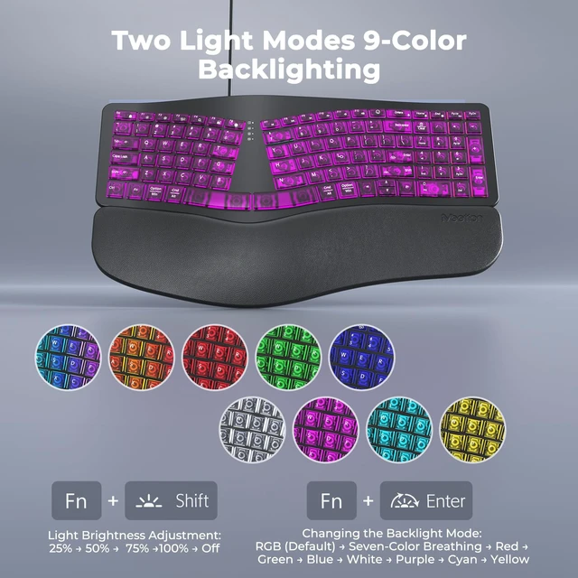 Alt view image 2 of 7 - MEETION Wired Ergonomic Keyboard with Backlit Keys and Wrist Rest, Black | 7-color backlight, 4 brightness levels, RGB breathing mode, USB-A to USB-C adapter, compatible with Windows, Mac and laptops