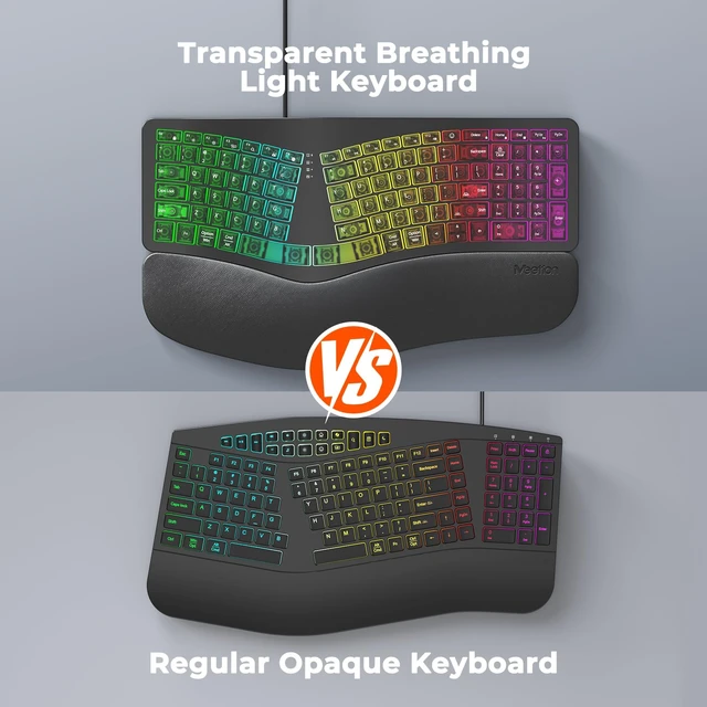 Alt view image 4 of 7 - MEETION Wired Ergonomic Keyboard with Backlit Keys and Wrist Rest, Black | 7-color backlight, 4 brightness levels, RGB breathing mode, USB-A to USB-C adapter, compatible with Windows, Mac and laptops
