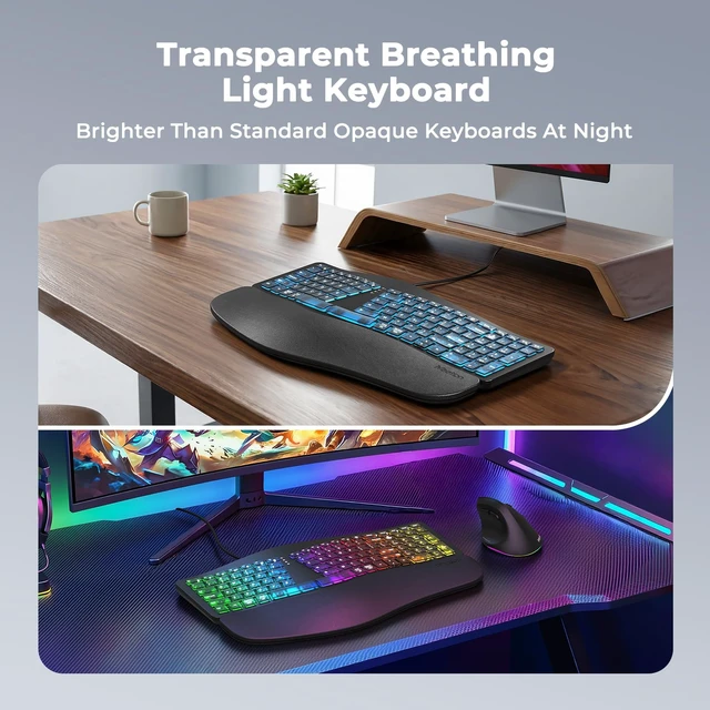 Alt view image 3 of 7 - MEETION Wired Ergonomic Keyboard with Backlit Keys and Wrist Rest, Black | 7-color backlight, 4 brightness levels, RGB breathing mode, USB-A to USB-C adapter, compatible with Windows, Mac and laptops