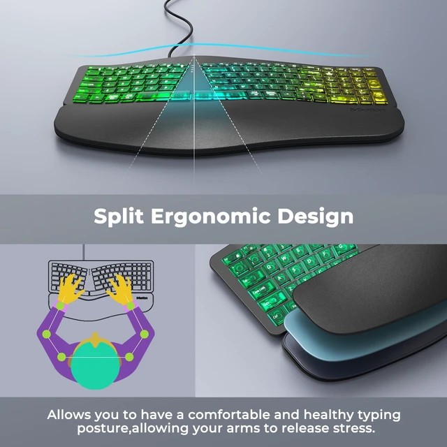 Alt view image 6 of 7 - MEETION Wired Ergonomic Keyboard with Backlit Keys and Wrist Rest, Black | 7-color backlight, 4 brightness levels, RGB breathing mode, USB-A to USB-C adapter, compatible with Windows, Mac and laptops