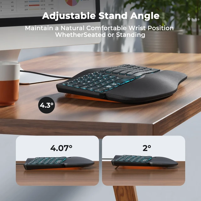 Alt view image 5 of 7 - MEETION Wired Ergonomic Keyboard with Backlit Keys and Wrist Rest, Black | 7-color backlight, 4 brightness levels, RGB breathing mode, USB-A to USB-C adapter, compatible with Windows, Mac and laptops