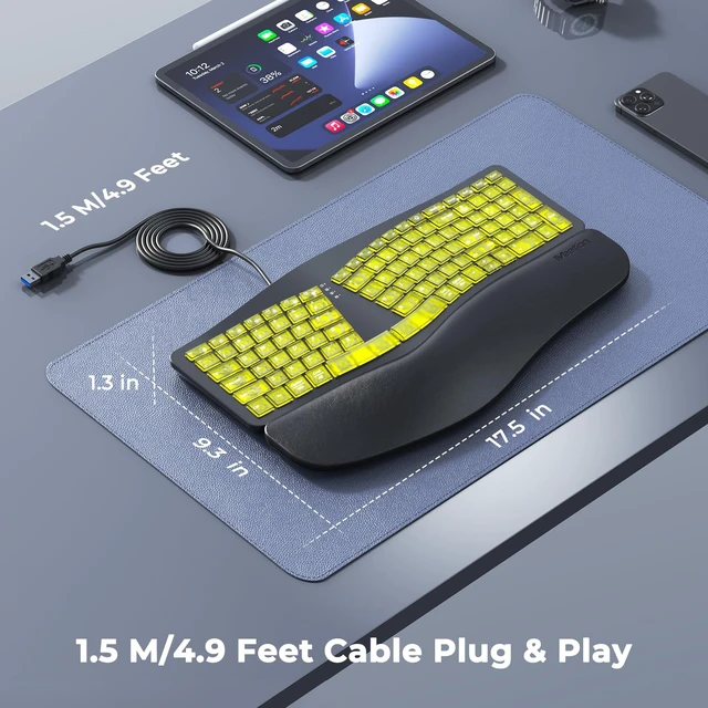 Alt view image 7 of 7 - MEETION Wired Ergonomic Keyboard with Backlit Keys and Wrist Rest, Black | 7-color backlight, 4 brightness levels, RGB breathing mode, USB-A to USB-C adapter, compatible with Windows, Mac and laptops