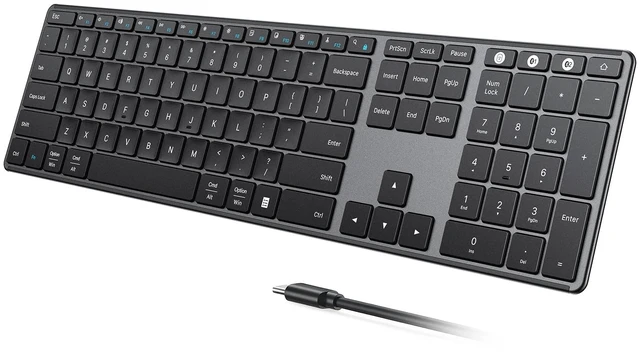 Main image of seenda SK64-3 Rechargeable Bluetooth Keyboard, 3-Device, Black Gray | Connects to 3 devices, full size keyboard with number pad, slim quiet keys for Windows 11/10, PC, laptop, MacBook and iPad.