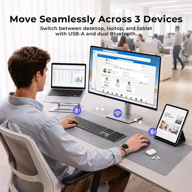 Alt view image 2 of 7 - seenda SK64-3 Rechargeable Bluetooth Keyboard, 3-Device, Black Gray | Connects to 3 devices, full size keyboard with number pad, slim quiet keys for Windows 11/10, PC, laptop, MacBook and iPad.