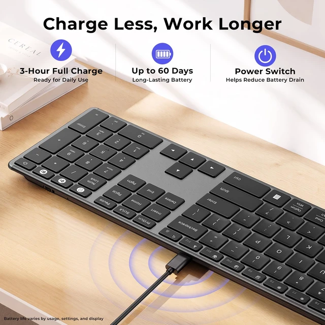 Alt view image 3 of 7 - seenda SK64-3 Rechargeable Bluetooth Keyboard, 3-Device, Black Gray | Connects to 3 devices, full size keyboard with number pad, slim quiet keys for Windows 11/10, PC, laptop, MacBook and iPad.
