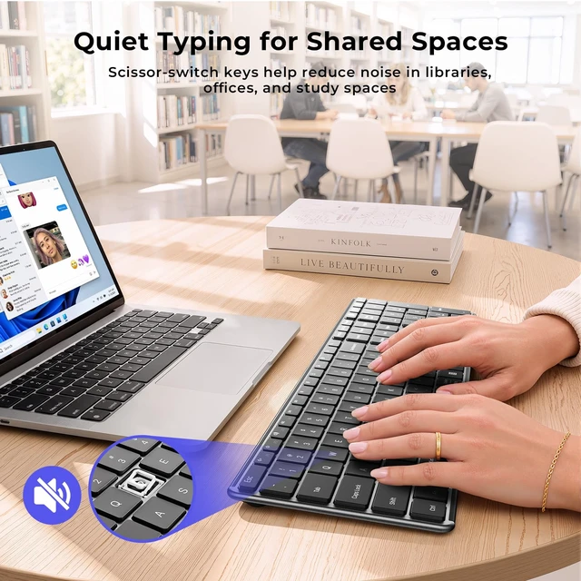 Alt view image 6 of 7 - seenda SK64-3 Rechargeable Bluetooth Keyboard, 3-Device, Black Gray | Connects to 3 devices, full size keyboard with number pad, slim quiet keys for Windows 11/10, PC, laptop, MacBook and iPad.