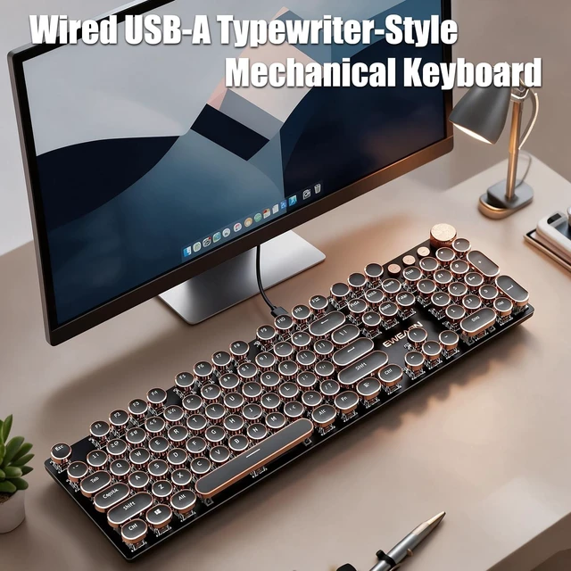 Alt view image 2 of 7 - TISHLED Typewriter Style Mechanical Gaming Keyboard White LED Backlit | 104-Key NKRO White Switches Retro Round Keycaps Rose Gold Rings Volume Knob Metal Panel Wired USB-A Detachable Cable, Black