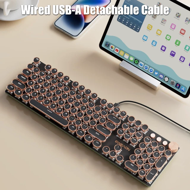 Alt view image 6 of 7 - TISHLED Typewriter Style Mechanical Gaming Keyboard White LED Backlit | 104-Key NKRO White Switches Retro Round Keycaps Rose Gold Rings Volume Knob Metal Panel Wired USB-A Detachable Cable, Black