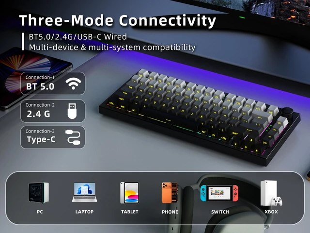 Alt view image 3 of 7 - Gurjot Cream 75% Hot-Swappable Mechanical Keyboard, Tri-Mode BT5.1 2.4G USB-C Wireless Bluetooth Gaming Keyboard, RGB Backlit 8000mAh Battery, Gradient PBT Keycaps for Windows Mac