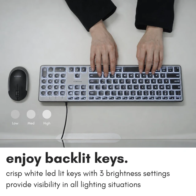 Alt view image 3 of 7 - Macally Backlit Mac Keyboard - Quiet, Sleek, and Functional - 3 Brightness Levels, 107 Keys, 5ft USB Wired - Apple Keyboard - Backlit Wired for Mac, iMac, MacBook Pro/Air - Space Gray