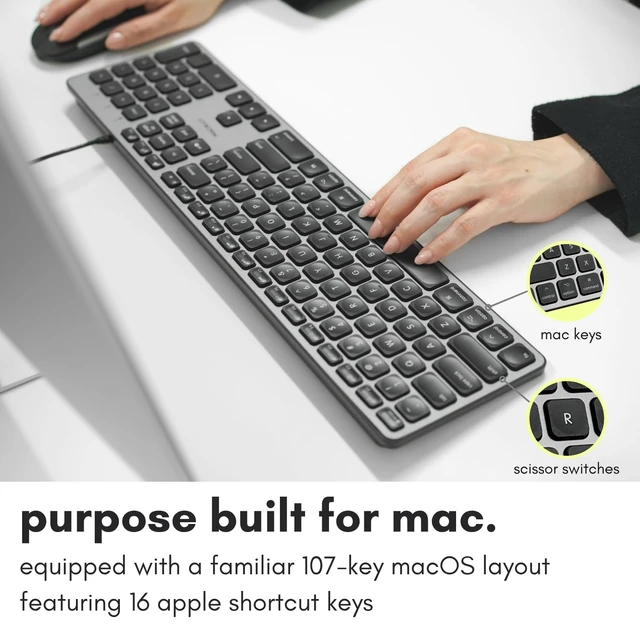 Alt view image 2 of 7 - Macally Backlit Mac Keyboard - Quiet, Sleek, and Functional - 3 Brightness Levels, 107 Keys, 5ft USB Wired - Apple Keyboard - Backlit Wired for Mac, iMac, MacBook Pro/Air - Space Gray