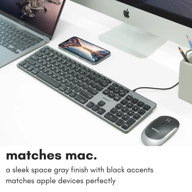 Alt view image 6 of 7 - Macally Backlit Mac Keyboard - Quiet, Sleek, and Functional - 3 Brightness Levels, 107 Keys, 5ft USB Wired - Apple Keyboard - Backlit Wired for Mac, iMac, MacBook Pro/Air - Space Gray