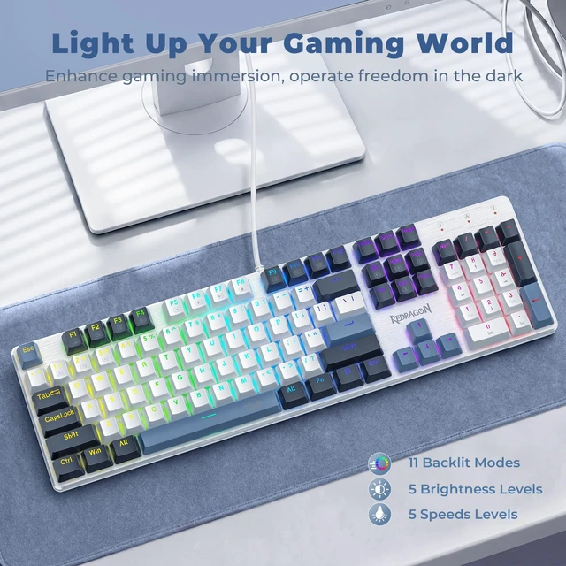 Alt view image 2 of 7 - Redragon Mechanical Gaming Keyboard Wired, 11 Programmable Backlit Modes, Hot-Swappable Red Switch, Anti-Ghosting, Double-Shot PBT Keycaps, Light Up Keyboard for PC Mac, Blue