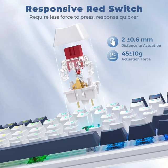 Alt view image 4 of 7 - Redragon Mechanical Gaming Keyboard Wired, 11 Programmable Backlit Modes, Hot-Swappable Red Switch, Anti-Ghosting, Double-Shot PBT Keycaps, Light Up Keyboard for PC Mac, Blue