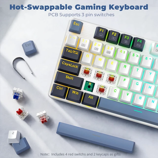 Alt view image 5 of 7 - Redragon Mechanical Gaming Keyboard Wired, 11 Programmable Backlit Modes, Hot-Swappable Red Switch, Anti-Ghosting, Double-Shot PBT Keycaps, Light Up Keyboard for PC Mac, Blue