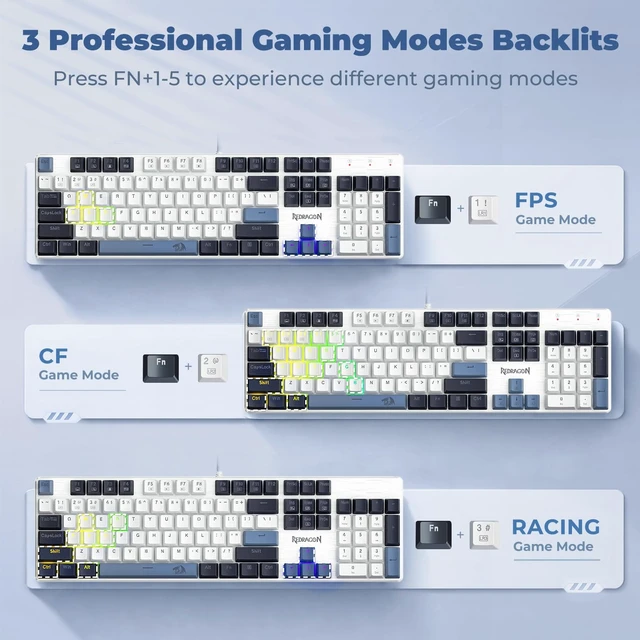 Alt view image 6 of 7 - Redragon Mechanical Gaming Keyboard Wired, 11 Programmable Backlit Modes, Hot-Swappable Red Switch, Anti-Ghosting, Double-Shot PBT Keycaps, Light Up Keyboard for PC Mac, Blue