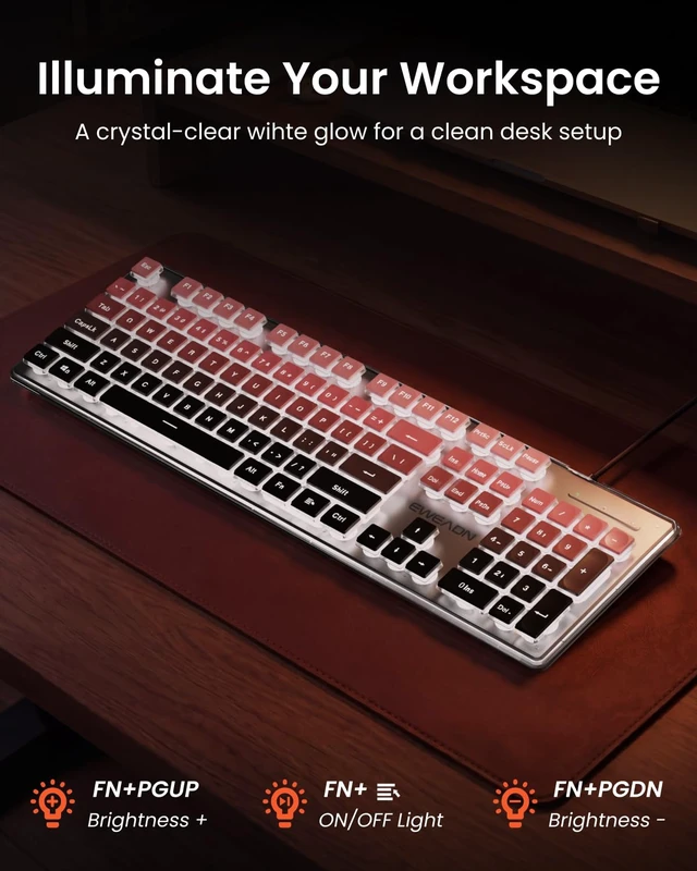 Alt view image 4 of 7 - Wired Keyboard with White Backlit, Never Fade, Soft Click, Black Ombré | Pudding Keycaps, Plug & Play, Metal Panel, Tilt Legs, Full-size, Office Cute Desk Setup for Laptop, PC, Windows, EWEADN