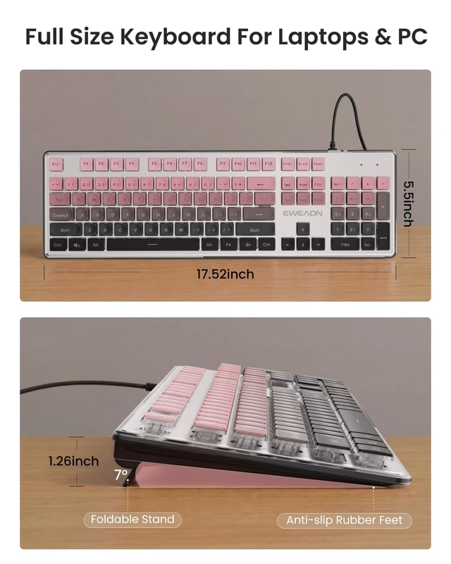Alt view image 6 of 7 - Wired Keyboard with White Backlit, Never Fade, Soft Click, Black Ombré | Pudding Keycaps, Plug & Play, Metal Panel, Tilt Legs, Full-size, Office Cute Desk Setup for Laptop, PC, Windows, EWEADN