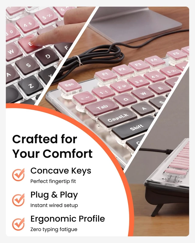 Alt view image 7 of 7 - Wired Keyboard with White Backlit, Never Fade, Soft Click, Black Ombré | Pudding Keycaps, Plug & Play, Metal Panel, Tilt Legs, Full-size, Office Cute Desk Setup for Laptop, PC, Windows, EWEADN